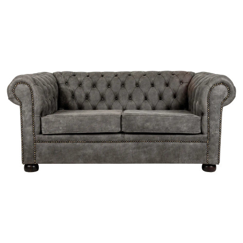 Elegant mahogany frame Victoria double seater sofa with tufted grey upholstery, bun feet, and nailhead trim, perfect for a stylish living room.