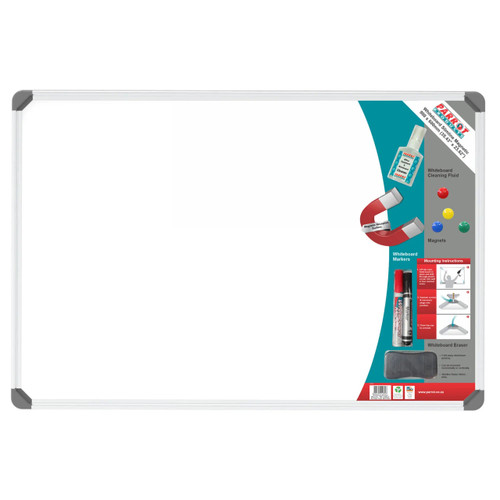 Slimline Magnetic Whiteboard (900*600mm - Retail), front view of a whiteboard with a label and accessories including magnets, markers, eraser, and cleaning fluid.