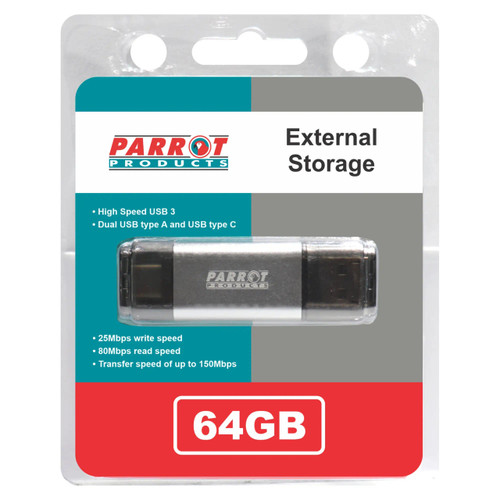 Parrot Products 64GB External Storage USB 3 Flash Drive in Packaging, Featuring Dual USB Type-A and USB Type-C, with High-Speed Data Transfer Capabilities, Providing Efficient USB 3 External Storage Solutions.