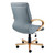 Holly Wooden Medium-back Office Chair, gray fabric upholstery with natural wooden armrests and base, adjustable height and swivel features, ergonomic design for comfort and style in office settings.