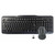 Wireless Keyboard + Mouse Combo IC0003, Black Wireless Keyboard with Numeric Keypad, Multimedia Control Keys, and Ergonomic Design, Accompanied by a Wireless Mouse with Optical Sensor and a USB Receiver.