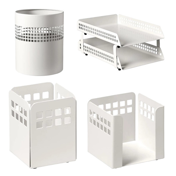  Square Punch Steel Desk Set: Two-tier Letter Tray, Paper Cube Holder, Pencil Cup, and Waste Paper Bin 