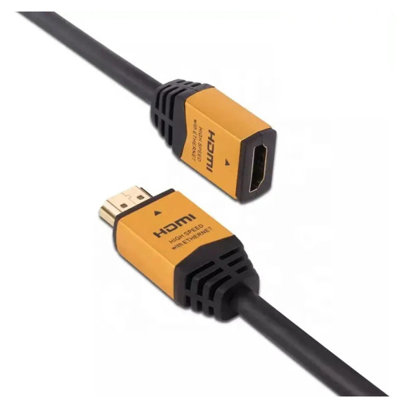 Female HDMI To Mini Male HDMI Adapter, close-up of the black and gold HDMI converter cable with high-speed Ethernet capability.