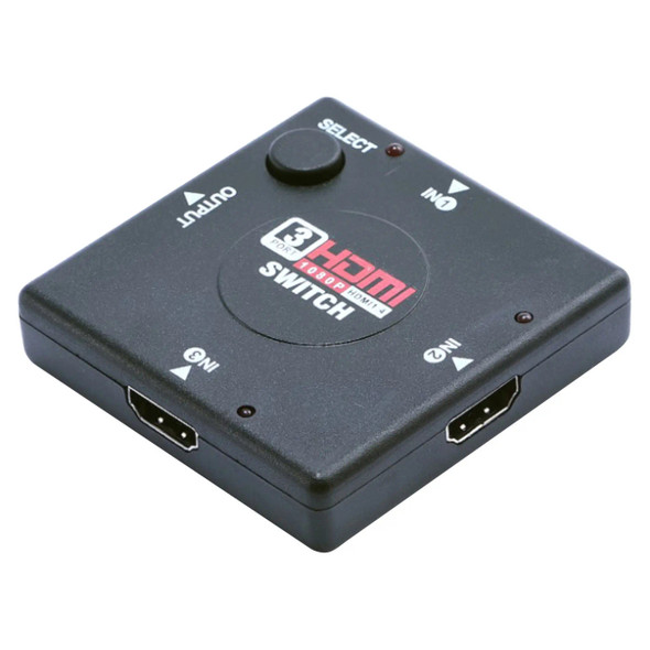 3-Port HDMI Switch, compact black device with select button and ports for HDMI input and output, used for connecting multiple HDMI sources to a single display.