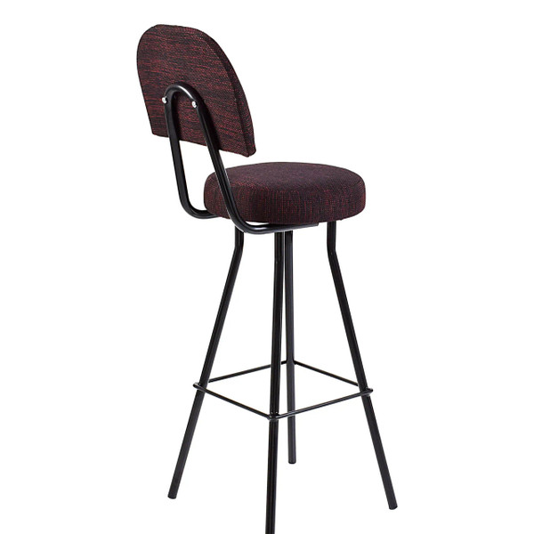 67 Brand BB500-800 Round Counter Height Chair with Backrest, a Durable Barstool Featuring a Maroon Upholstered Seat and Backrest, Black Metal Frame, and Sturdy Design, Perfect for Both Residential and Commercial Settings.