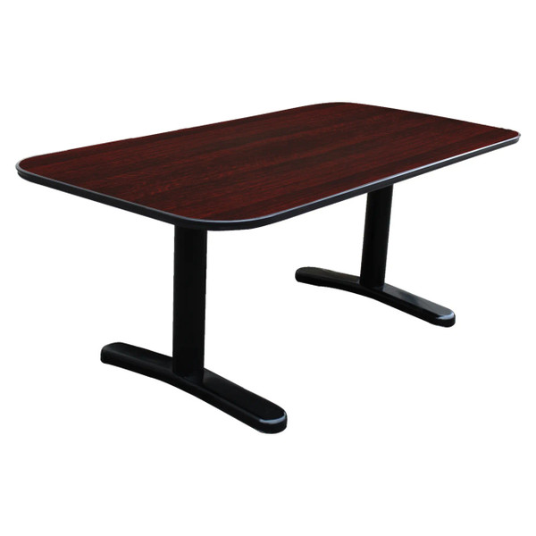 Conference Table with Black Pv Edging and Black Round Leg, Wooden Top with a Dark Finish and Round Black Metal Legs for Office or Conference Room Use.