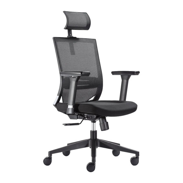 Galaxy G7 Mesh High-back Office Chair by 67, Featuring a Sleek Black Mesh Design, Adjustable Headrest, and Lumbar Support Chair with Ergonomic Seat and Armrests, on a Sturdy Five-Star Base with Casters.