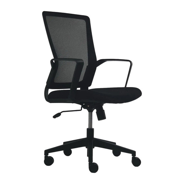 Galaxy G8 Mesh Medium-Back Office Chair. Black mesh back frame. Black fabric seat with moulded foam. PP Loop arms. Swivel and tilt mechanism. Nylon base.