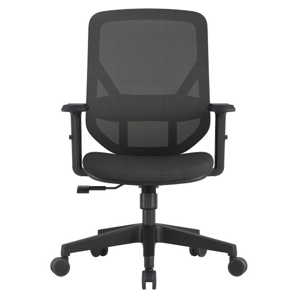 Black Mesh Office Chair with Tilt Mechanism, Featuring a Medium-back Design, Adjustable Armrests, and Five-Star Base with Casters, from Brand 67, Showcasing a Sleek and Breathable Pluto Mesh Medium-back Office Chair.