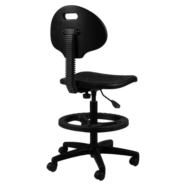 Black Q20 Econo Draughtsman Chair by 67, a Mobility Chair with Industrial-Grade PU Seat and Back, Featuring a Single Lever Typist Mechanism and Adjustable Height, on a Five-Legged Base with Castors, Providing Comfort and Durability.