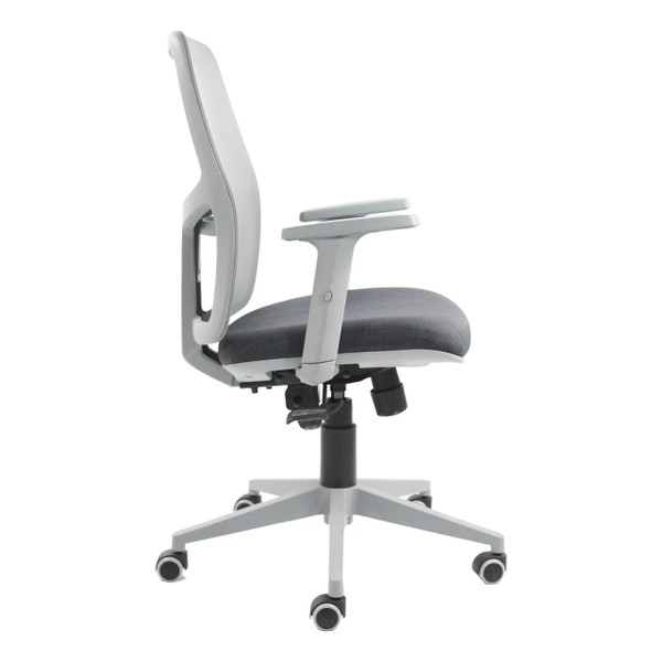 Grey Airo Medium-back Office Chair by 67, Featuring Gas Height Adjustment, on a Five-Star Base with Wheels, Showcasing Its Ergonomic Design and Sturdy Build with a Medium-back and Cushioned Seat Against a White Background.