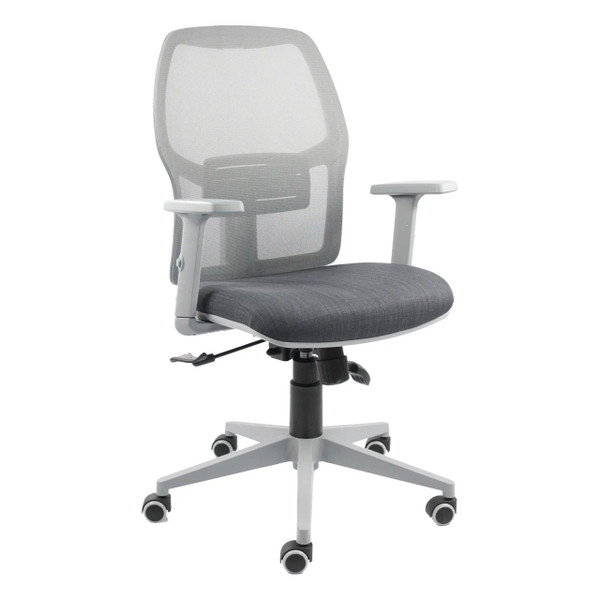 Grey Airo Medium-back Office Chair by Office Stock South Africa, Featuring Mesh Back, Adjustable Armrests, and Gas Height Adjustment, on a Five-Star Base with Wheels, Showcasing Its Ergonomic Design and Grey Upholstery.