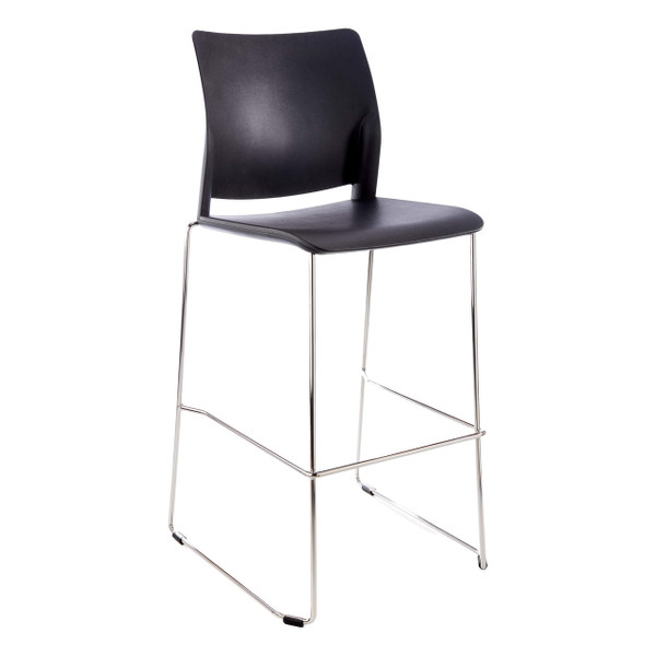 Alfa Polymer Bar Stool, Black Padded Seat and Backrest with Metal Frame and Footrest.