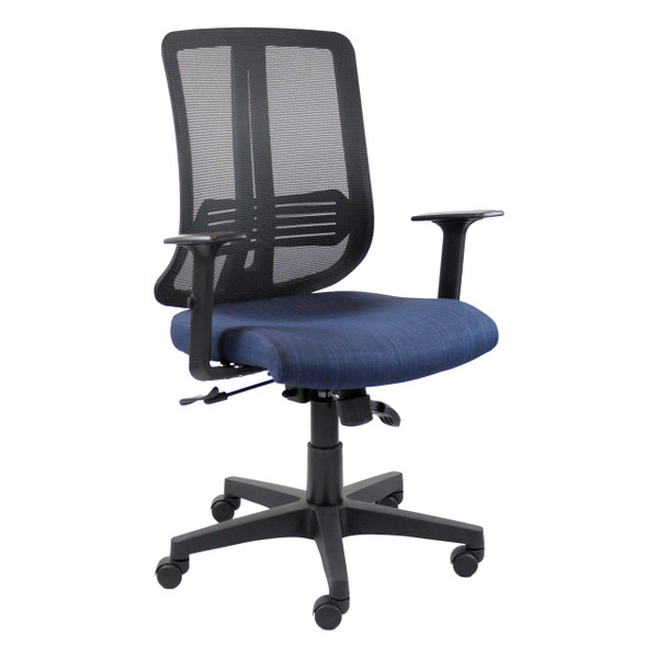 Avant Medium-back Office Chair | TEC-MCH-5040, Ergonomic Office Chair with Mesh Backrest, Blue Cushioned Seat, and Adjustable Armrests.