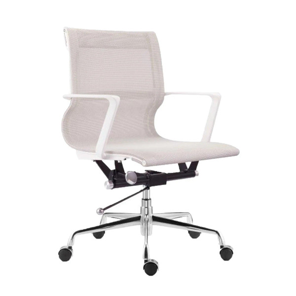 Setu Replica Medium-back Office Chair by 67, a Comfortable Workspace Chair with White Mesh Seat and Backrest, White Arms, and a Silver and Black Base with Wheels, Designed for Ergonomic Comfort and Style.