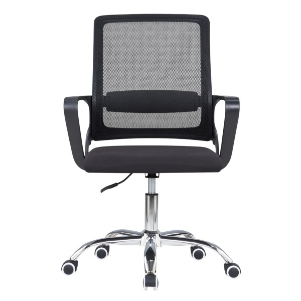 Black Mesh Office Chair with Chrome Frame, Medium-back, and Adjustable Height Mechanism, Featuring a Breathable Mesh Design and Ergonomic Support, on a Five-Star Base with Castors, from Brand 67, Model C4029.