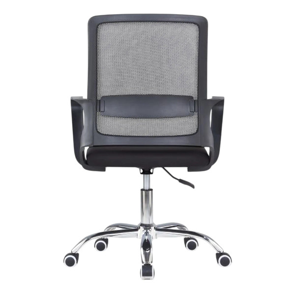 Black Mesh Office Chair with Chrome Frame, Medium-back, on Five Wheels, Suitable as Corporate Furniture, Featuring Ergonomic Design and Breathable Mesh Material, from Brand 67, in a Sleek and Modern Style.
