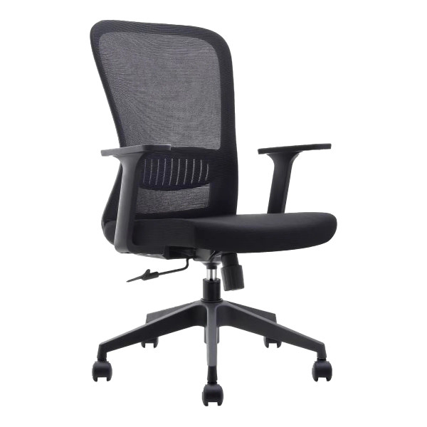 Black Mesh Office Chair with Black Nylon Frame, Medium-back, and Lumbar Support, Featuring a Sleek Design and Adjustable Features, from Brand 67, Showcasing a Sturdy Base and Armrests, Ideal as a Lumbar Support Chair.