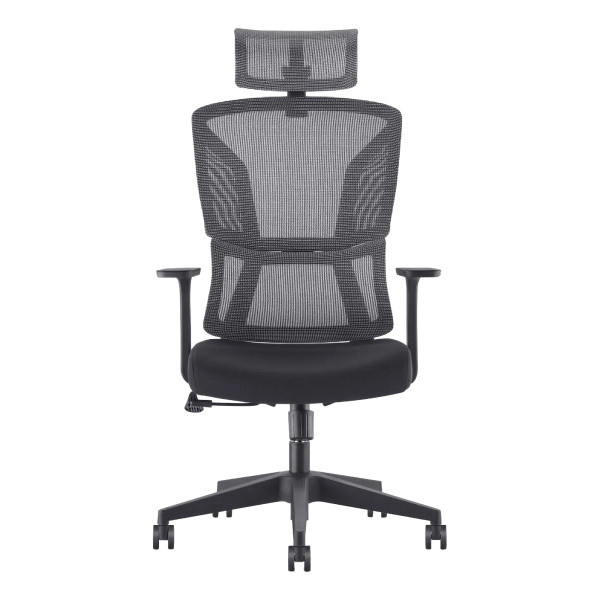 Black Mesh High-back Office Chair with Adjustable Headrest and Black Nylon Frame, Ideal for Corporate Office Seating, Featuring a Sturdy Base and Armrests, from Brand 67, Showcasing Comfort and Support.