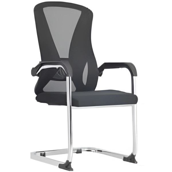 Black Mesh Office Chair with Chrome Frame, Featuring a Ventilated Back Chair Design, from Brand 67, Showcasing a Sleek and Modern Aesthetic with a Sturdy Base and Armrests, Presented in a Neutral Colour Scheme.