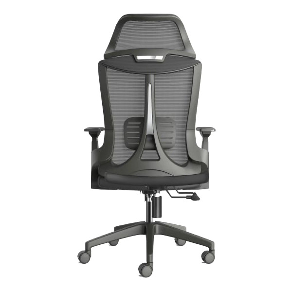 The Black Mesh with Black Nylon Frame High-back Office Chair Features a Mesh Backrest with Headrest, Black Nylon Frame, Armrests, and Base with Castors.