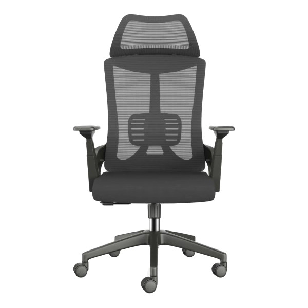 The Black Mesh with Black Nylon Frame High-back Office Chair Features a Mesh Backrest with Headrest, Black Nylon Frame, Armrests, and Base with Castors.