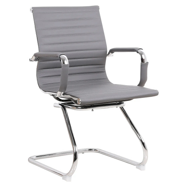 A Stylish Eames-Inspired Visitor Office Chair with a Sleek Chrome Frame and PU Leather Finish. Features Chrome Armrests with Padded PU Sleeves and a Sturdy Chrome Sleigh Base.