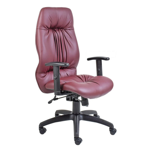 Jasmin High-back Office Chair by Office Stock South Africa, Featuring a Maroon Leather Seat and Backrest, Black Adjustable Armrests, and a Sturdy Five-Legged Base with Wheels, Showcasing a High-back Office Chair Design.