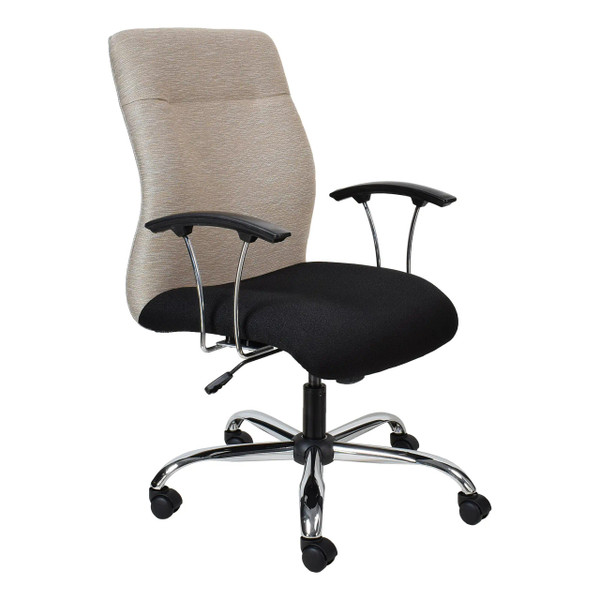 Rhona Posture Medium-back Ergonomic Office Chair by Office Stock South Africa, Featuring a Beige Fabric Back, Black Cushioned Seat, Adjustable Armrests, and a Five-Legged Chrome Base with Castors.