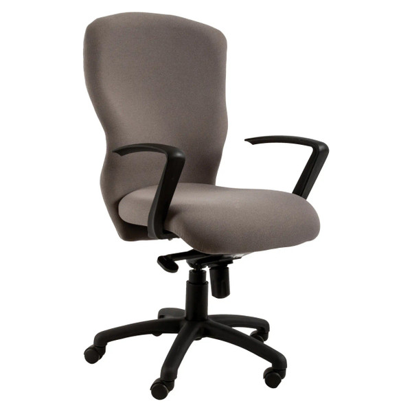 Aruba Medium-back Office Chair by Office Stock South Africa, Featuring a Taupe Seat and Backrest, Black Arms and Base, Designed for Comfort and Easy Maintenance, Ideal for Long Hours of Use in Various Settings.