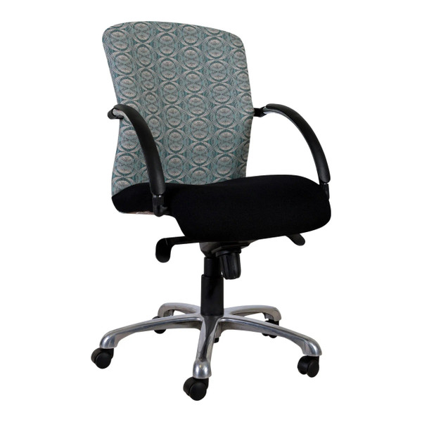 Monaco Office Chair with Medium-back, Patterned Fabric in Grey and Black, Adjustable Features, and a Sleek Silver Base with Five Wheels, Showcasing Its Ergonomic Design and Comfortable Appearance.