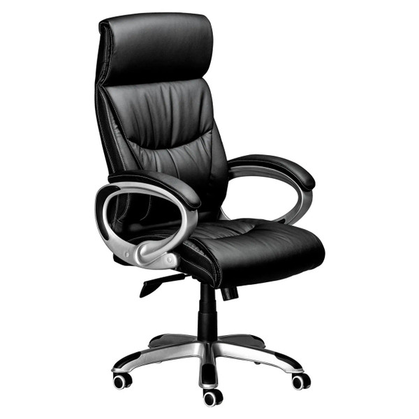 Big Guy Ceo High-back Chair, Black Leather Ergonomic Office Chair with High Backrest, Padded Headrest, Padded Armrests, and Adjustable Height on a Wheeled Base.