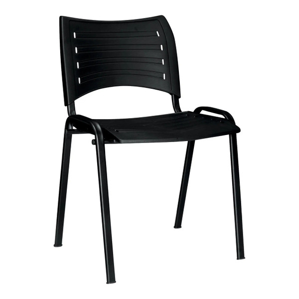 Stacker 500 Plastic Chair, Black Plastic Chair with a Slatted Backrest and Seat, Metal Frame, and Armrests.
