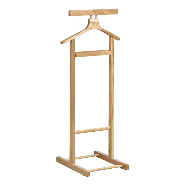 Contract Solid Wooden Single Dumb Valet by Office Stock South Africa, a Light Brown Wooden Valet with a Hanger and Two Horizontal Bars, Standing on a Rectangular Base, Showcasing Its Elegant and Practical Design.
