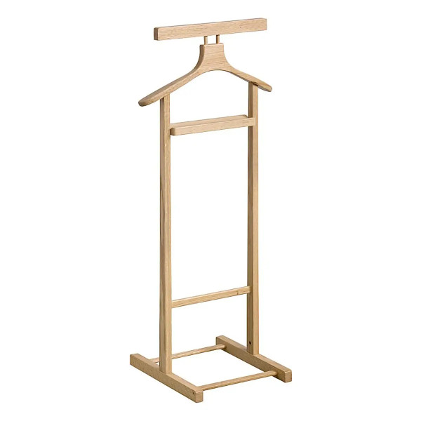 Light Brown Wooden Garment Organiser by Office Stock, Featuring a Single Hanger and Two Horizontal Bars for Hanging Clothes, Made of Solid Wood, Standing Tall with a Sturdy Base, Perfect for Keeping Garments Neat and Organised.