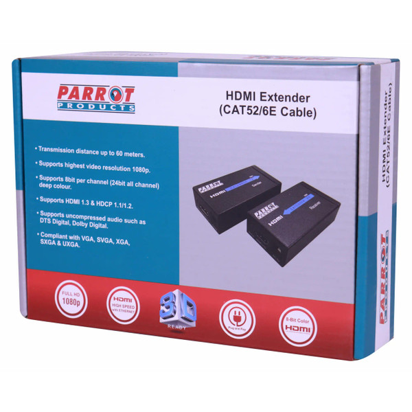 HDMI Extender over CAT52/6E Network Cable, Product Packaging Showing the HDMI Extender Device with Specifications for Transmission Distance, Video Resolution, and Audio Support.