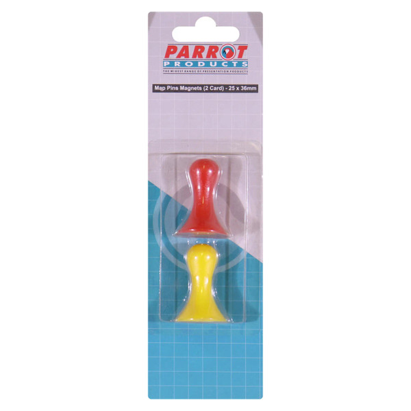 Magnetic Map Pins, Assorted Colour Pair of 2 - 36 mm Size, Product BA0922 in Packaging with Red and Yellow Magnetic Pins for Maps and Whiteboard Marking.