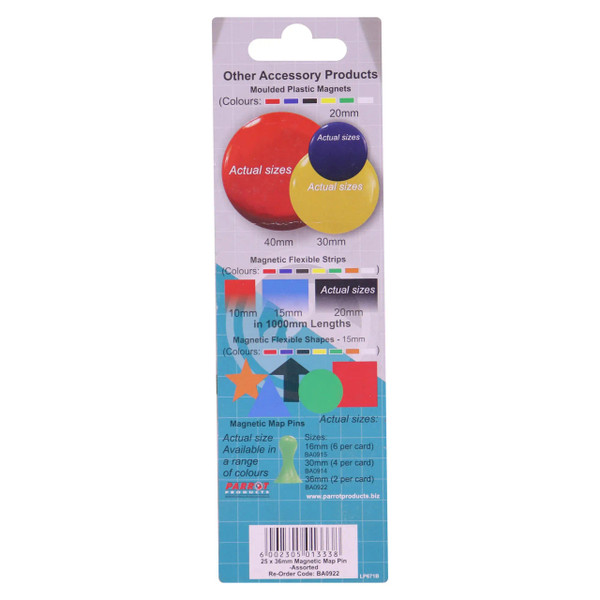 Magnetic Map Pins, Set of 2 per Card in Assorted Colours with 36 mm Size, Shown on Packaging with Detailed Product Information and Dimensions.