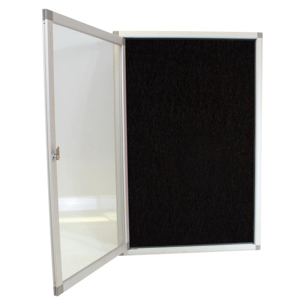 Hinged Pinning Display Case, 900 x 600 mm - Black, with Clear Glass Door and Black Pinning Board for Showcasing or Organising Items.