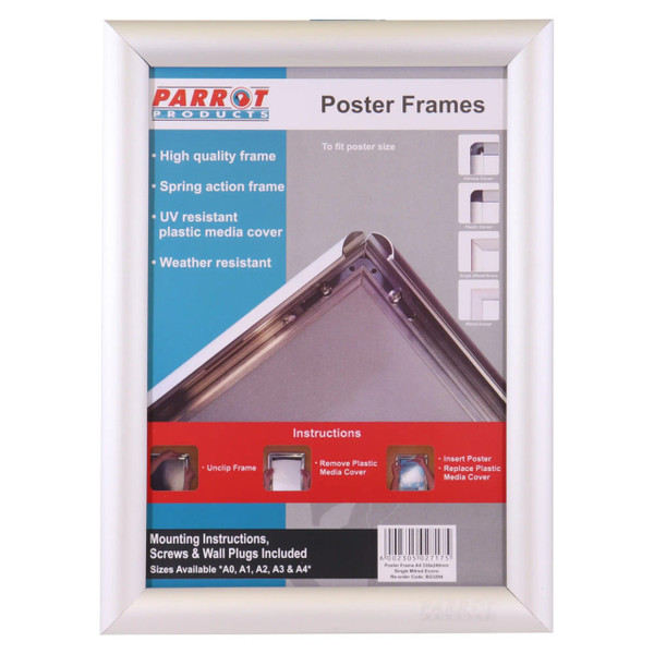 Poster Frame (A0 - 1230 x 870 mm - Single Mitred - Econo) BG3200, White High-Quality Plastic Poster Frame with Spring Action and Weather-Resistant Features.