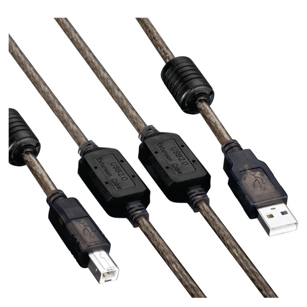 USB 2.0 Am to Bm 20 Metres, Cable with Black Connectors and Transparent Braided Exterior for Durable Data Transfer.