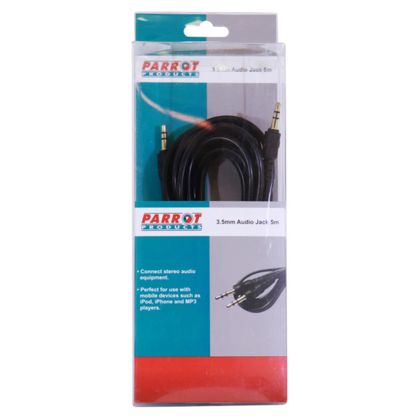 Parrot Products 3.5 mm Audio Jack Cable 5 Metres, in Black with Gold-Plated Connectors, Coiled Inside Transparent Packaging.