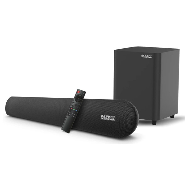 Parrot Speaker Sound Bar + 5.25 Inch Wireless Sub Incl Wall Bracket CT3018, Black Soundbar with Remote Control and Subwoofer with Wall Bracket for High-Quality Home Audio.