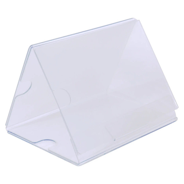 Product A5 Three Sided Acrylic Table Talker DP0305, a Clear Acrylic Display Stand with Three Sides Designed for Showcasing Menus or Signs on Tables.