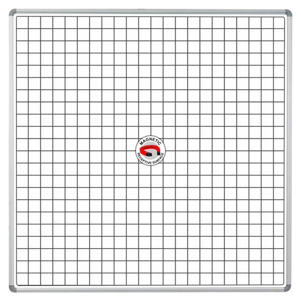 Educational Board Magnetic Whiteboard (1220 x 1220 - White Squares, Side Panel - Option a), Front View of a Magnetic Whiteboard with Grid Lines and Side Panels for Educational Use.
