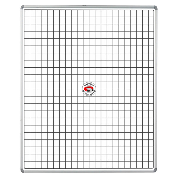 Educational Board Magnetic Whiteboard (1220 x 920 - White Squares - Side Panel - Option a) ED1268, Image of a Large Whiteboard with a Grid of White Squares and a Side Panel, Featuring a Magnetic Surface and a Central Magnetic Logo.