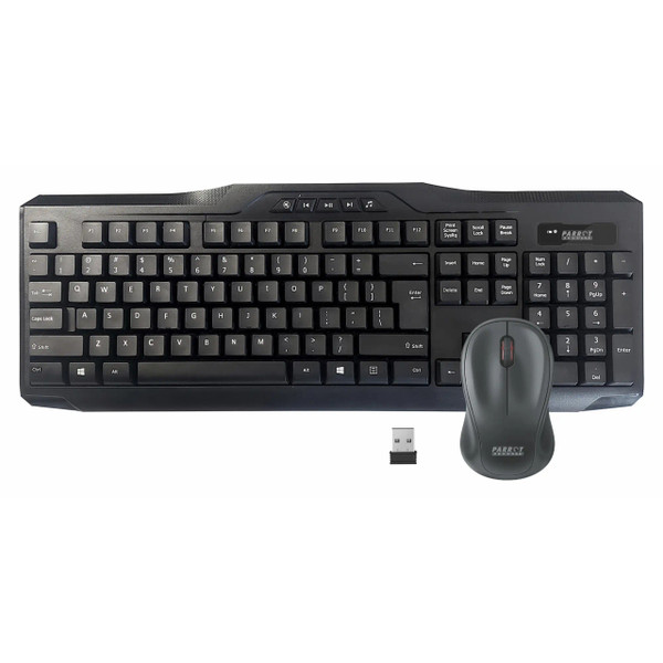 Wireless Keyboard + Mouse Combo IC0003, Black Wireless Keyboard with Numeric Keypad, Multimedia Control Keys, and Ergonomic Design, Accompanied by a Wireless Mouse with Optical Sensor and a USB Receiver.