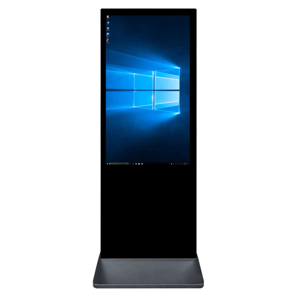 Touch LED - 43 Inch Touch Standing Kiosk (Black) IWS1043, a Tall Black Touchscreen Kiosk with a 43-inch Display Screen Showing Windows Desktop.