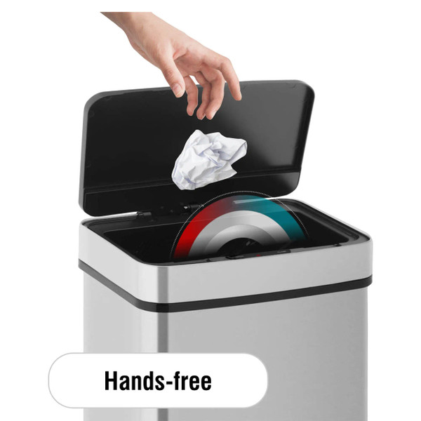 Janitorial Touchless Bin 50L, Modern 50-litre Automatic Trash Can with Touchless Operation Shown with a Hand Disposing Trash, Highlighting Its Hands-Free Functionality.