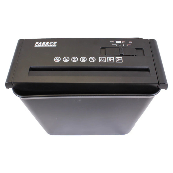 Paper Shredder (5 Sheet - 6.8 mm - Strip Cut - Low Security) S100, Black Desktop Paper Shredder with Controls on Top and a Visible Shred Slot.